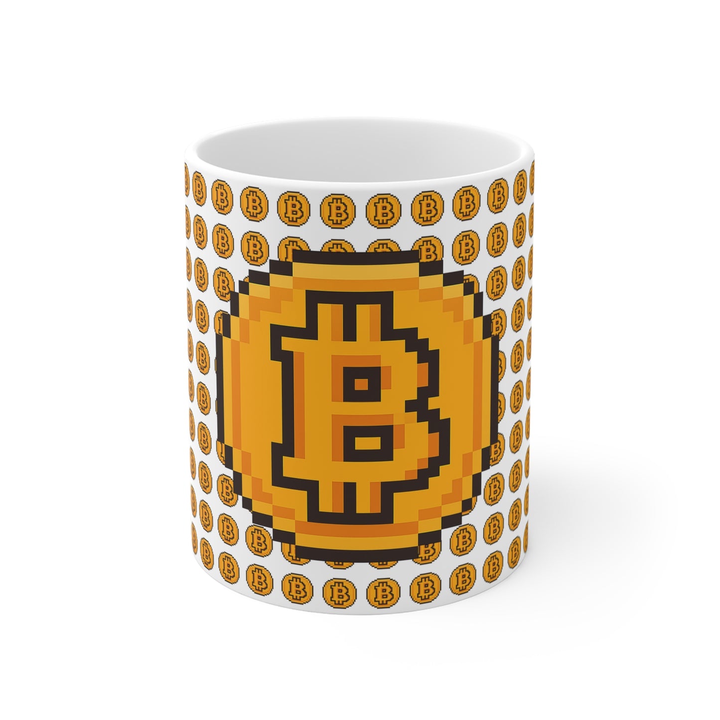 Pixelated Bitcoin Mug - 11oz Retro Cryptocurrency Coffee Cup, Gamer Gift, Office Accessory, Bitcoin Collector