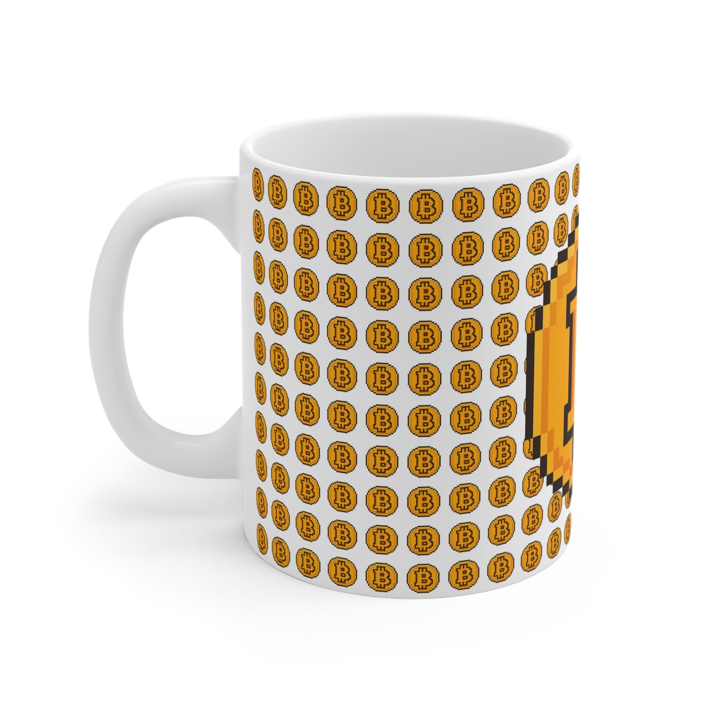 Pixelated Bitcoin Mug - 11oz Retro Cryptocurrency Coffee Cup, Gamer Gift, Office Accessory, Bitcoin Collector
